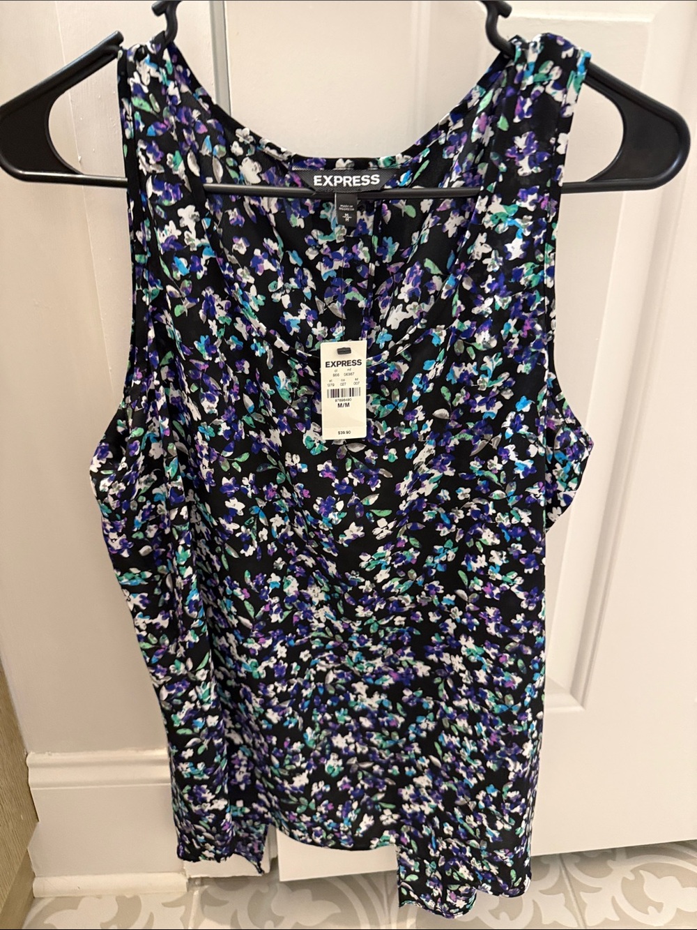 Express Black Floral Tank Top with Blue, Purple and White Accents